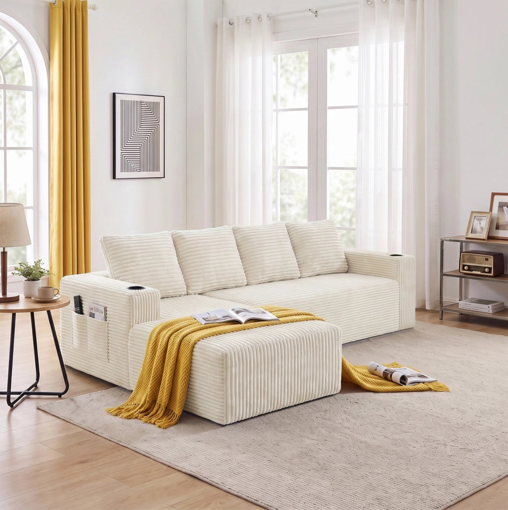 Divano modulare a L con chaise longue; portabicchieri e tasche; velluto a coste beige
