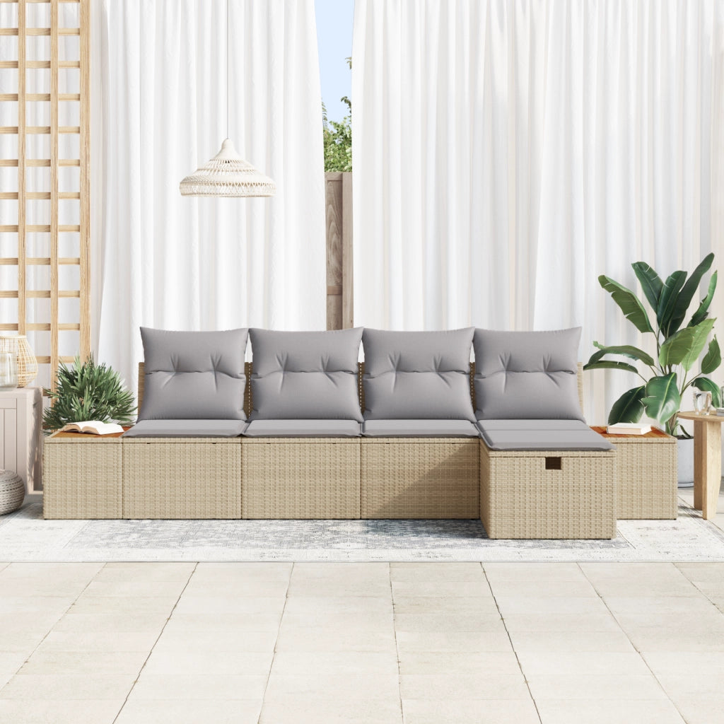 Set Divano da Giardino 5 Pezzi con Cuscini Beige Polyrattan