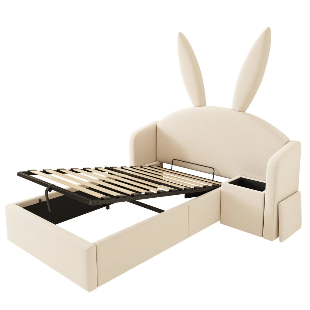 Letto singolo 90x200 cm con contenitore; comodino reversibile; velluto beige