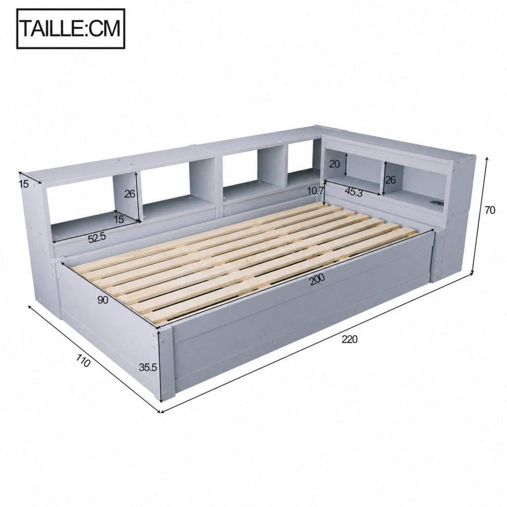 Letto divano singolo 90 × 200 cm con presa multifunzione, LED e contenitore idraulico, senza materasso, in MDF, grigio