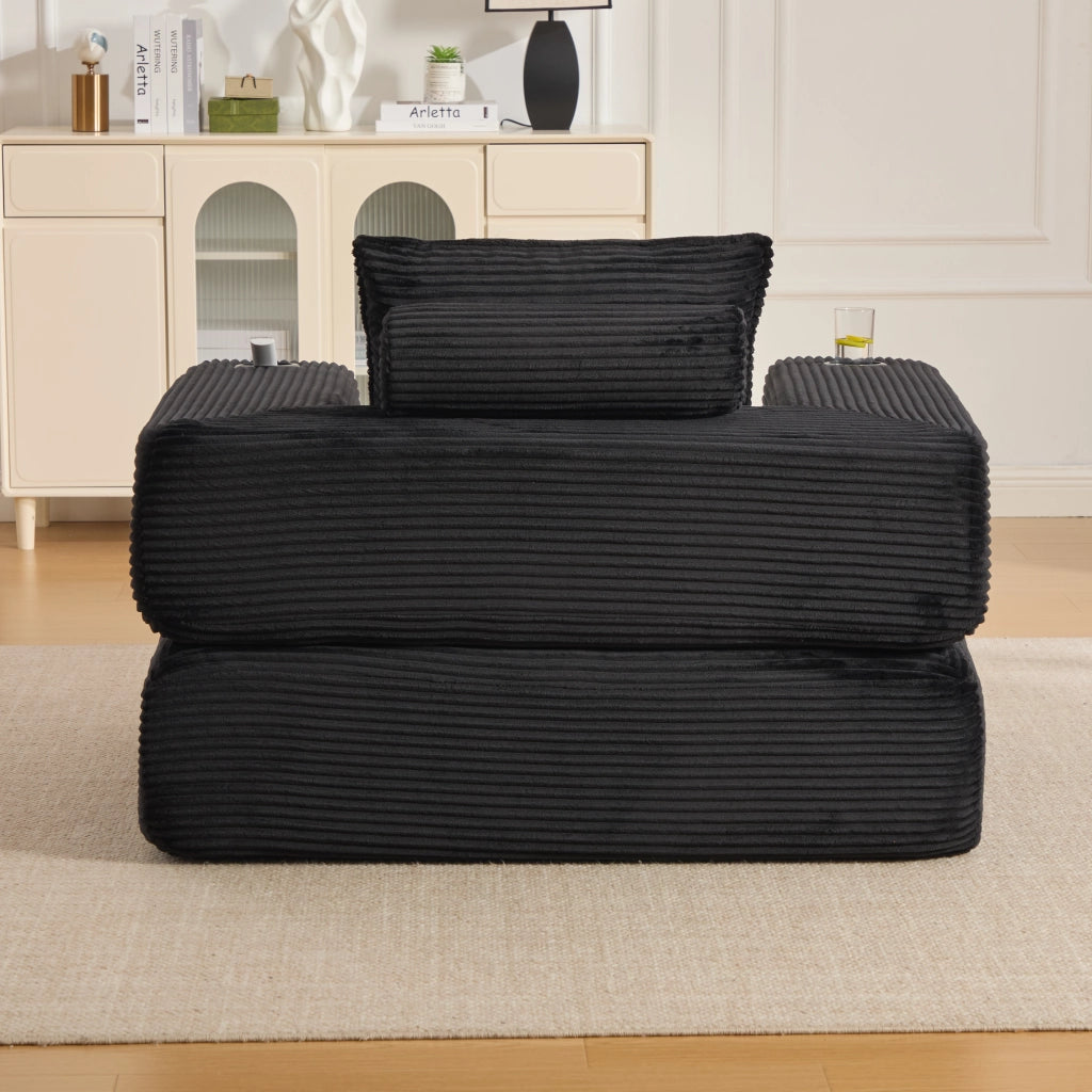 Divano convertibile in velluto a coste con molle, cuscini in memory foam, tasche laterali e portabicchieri nero