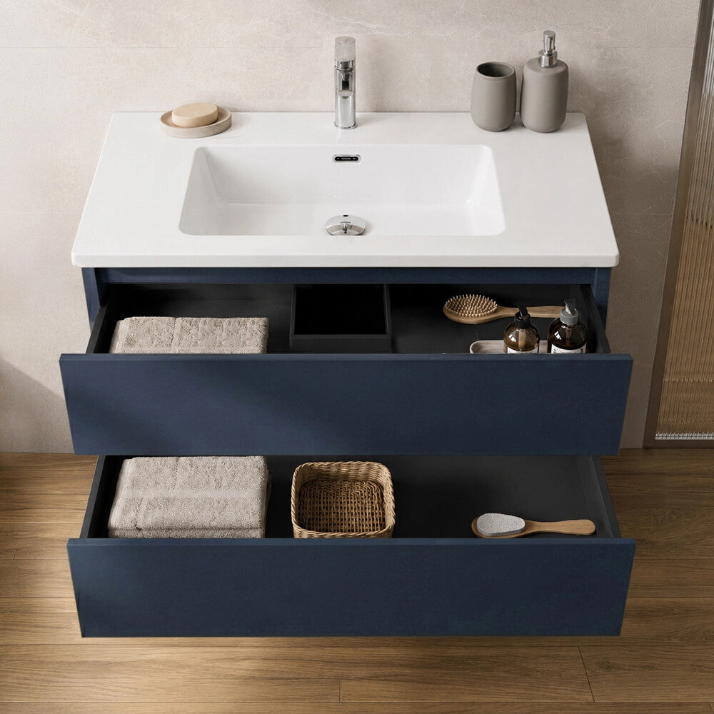 Mobile bagno sospeso 100 cm blu due cassetti push-pull e lavabo Tierra
