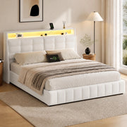 Letto piattaforma matrimoniale 160x200 cm con LED; USB; contenitore e testiera regolabile; bianco