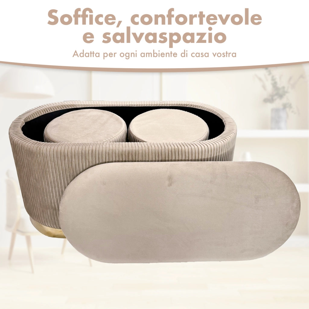 Set 3 Pouf in Velluto – Panca Contenitore Grande Con Cuscino 42x80 cm + 2 Pouf Piccoli 29x35 cm, Design Moderno Elegante, Poggiapiedi e Seduta Aggiuntiva Tortora