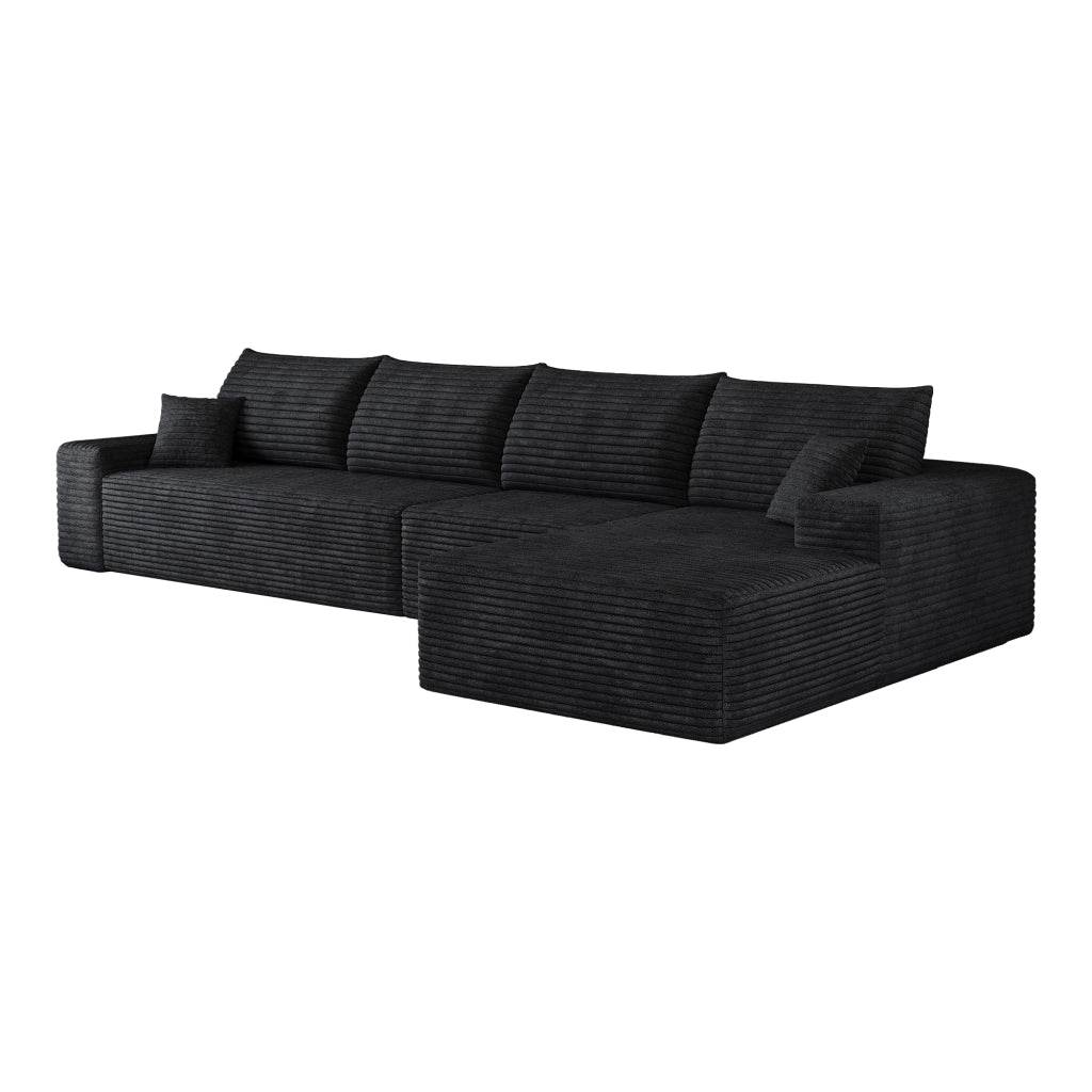 Divano modulare angolare con chaise longue; schienale morbido; in tessuto nero