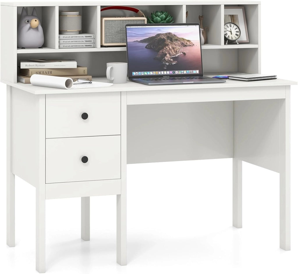Scrivania con porte di ricarica USB, tavolo per computer da 120 cm con cassetti e cabina da 5 cubi, tavolo da studio, tavolo da lavoro per ufficio, camera da letto, bianco