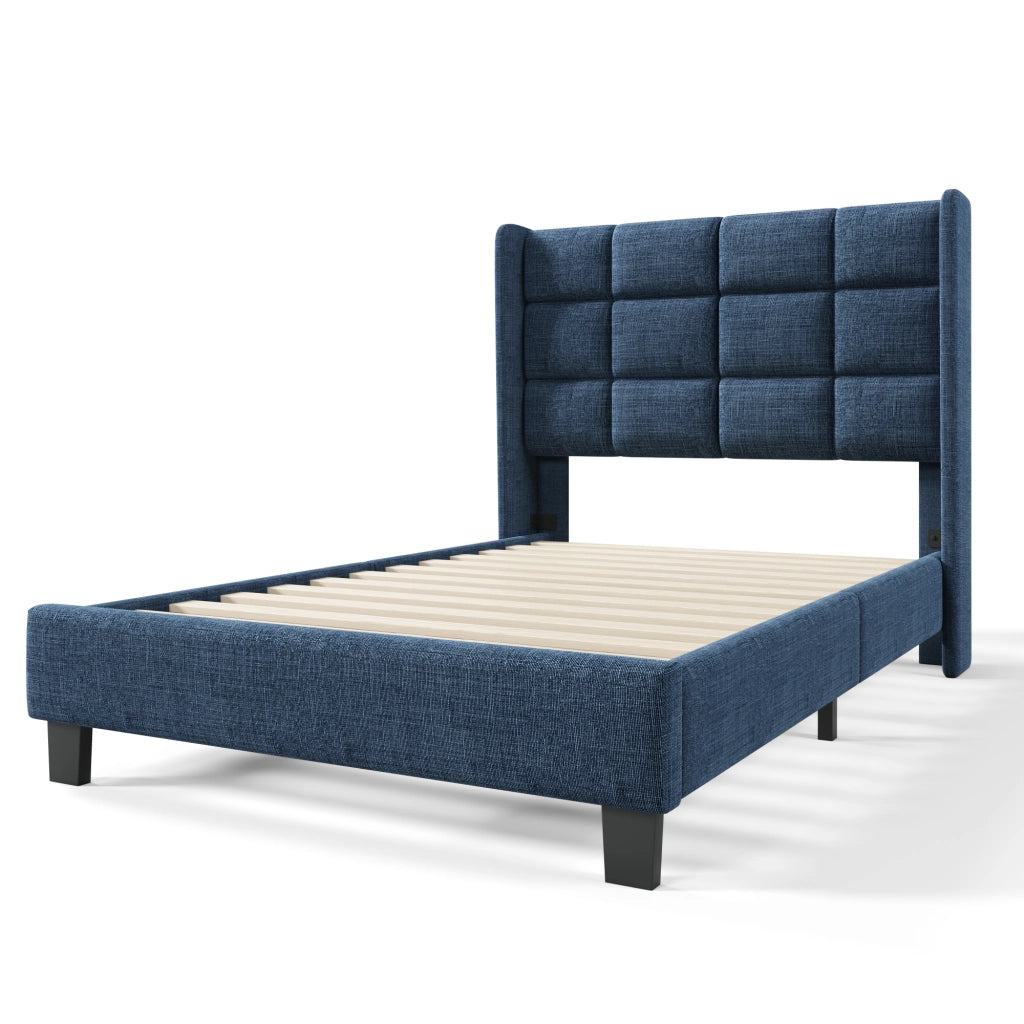 Letto singolo design – 90x200 cm – testiera imbottita rete – lino blu