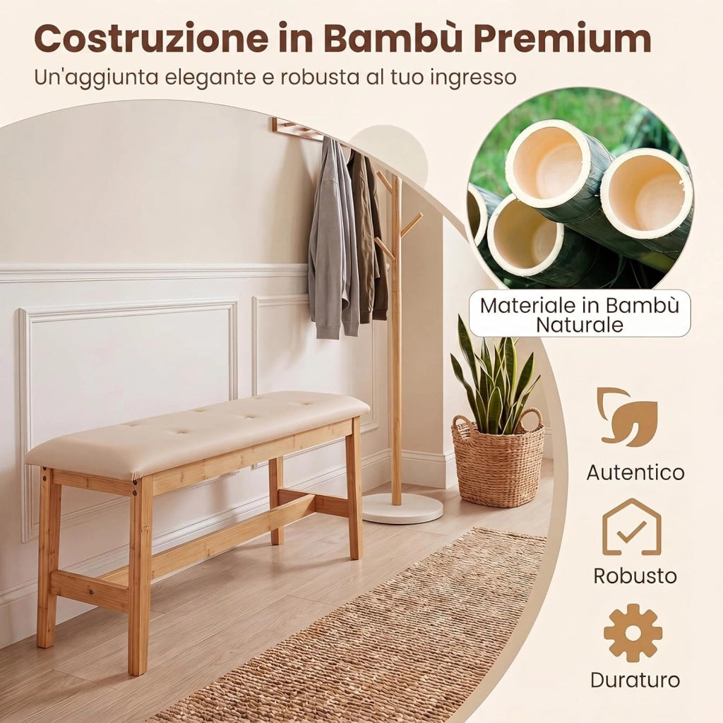 Panca in Bambù da Interno, Panca Multiuso a 2 Posti con Comodo Cuscino di Seduta in Pelle Sintetica, Traversi Rinforzati e Piedini Antiscivolo, per Ingresso, Camera da Letto e Soggiorno