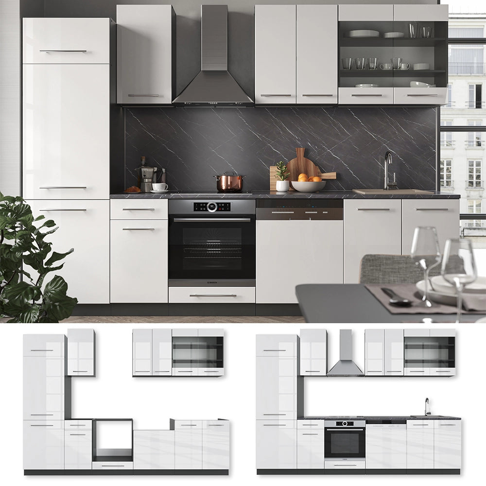 Cucina componibile Fame-Line Bianco lucido/Antracite 300 cm, PL Marmo Vicco