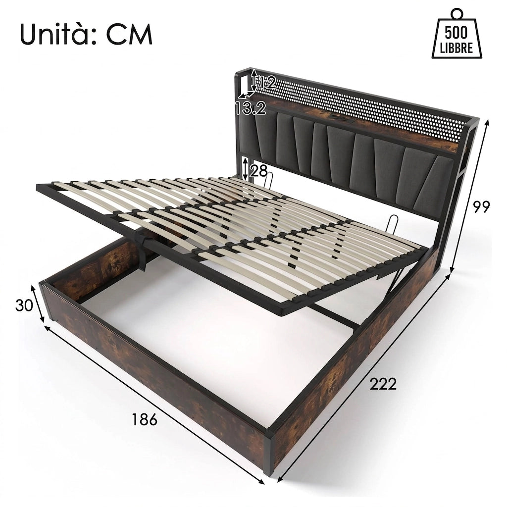 Letto matrimoniale 180x200 con Contenitore e LED App-Control; Testiera con Prese USB; Metallo e Lino; Grigio