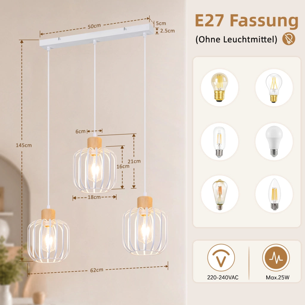 ZMH Lampada a Sospensione 3 Luci Bianco Legno E27 Moderna per Cucina Soggiorno Camera Isola Senza Lampadina