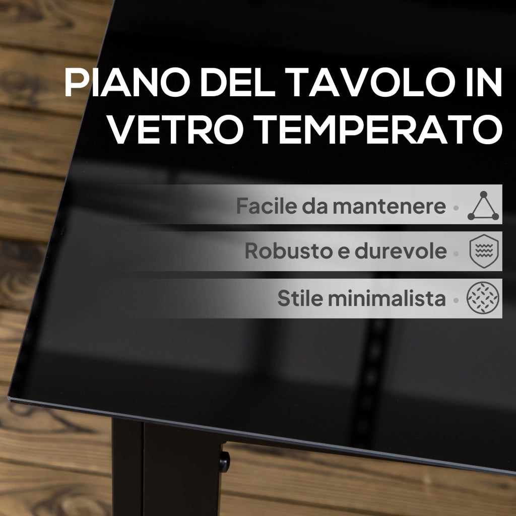 Tavolo da Giardino Rettangolare per 6 Persone con Piano in Vetro e Alluminio, 150x90 cm, Nero