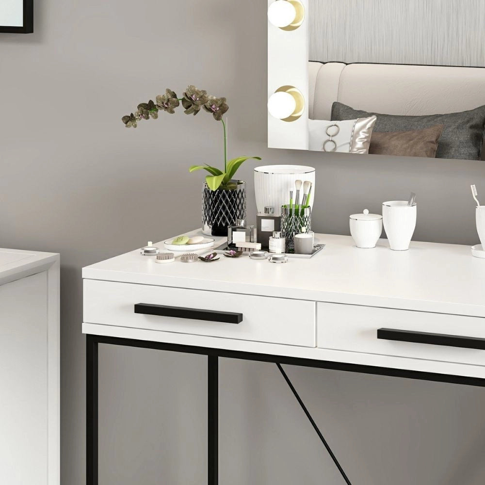 Toeletta da trucco Sane con 2 cassetti bianco con piedi neri e specchio con luci LED lampadine escluse