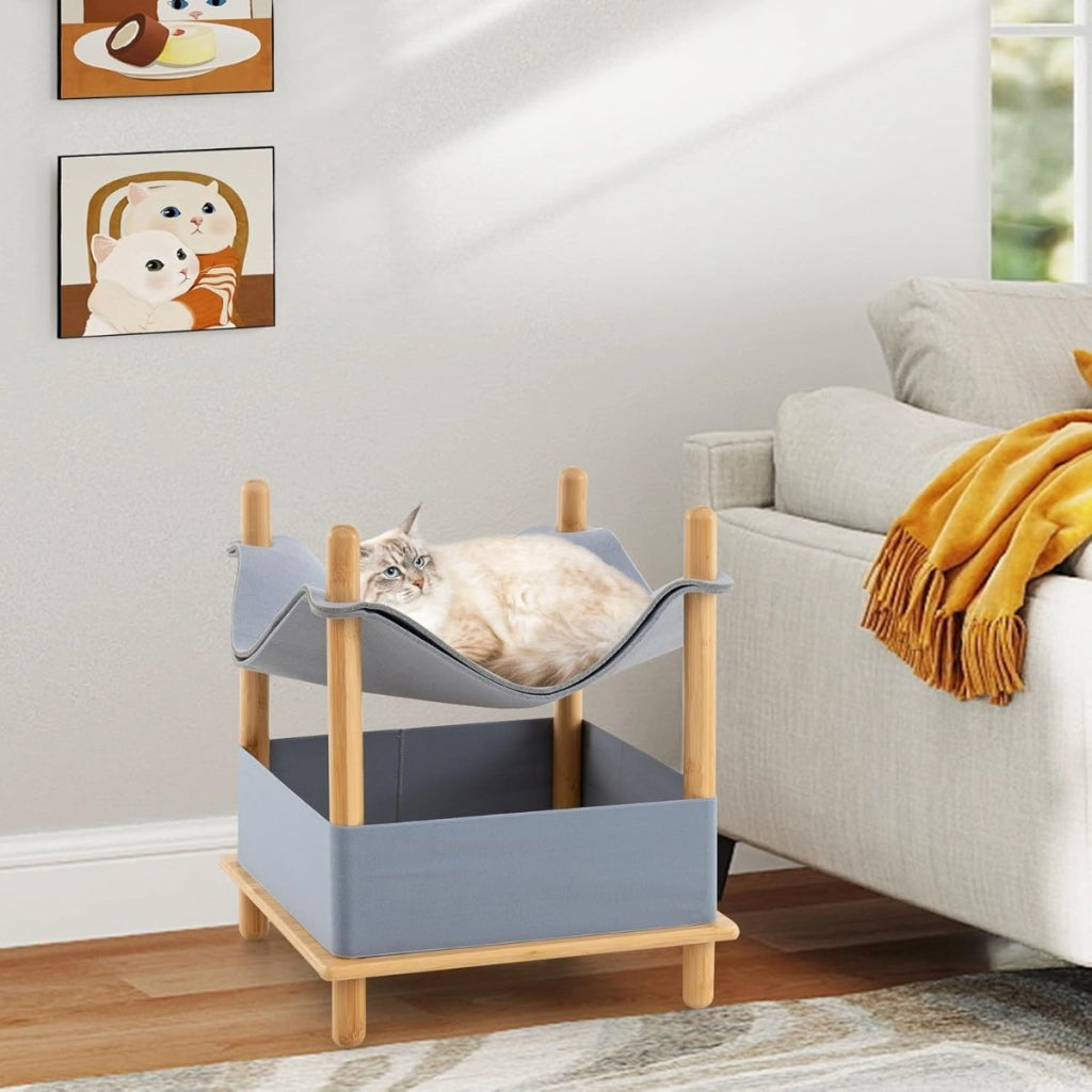Casetta per gatti a 2 piani in legno e spazio di archiviazione-Casetta per gatti per gatti con condo semi-aperto Naturale + Grigio