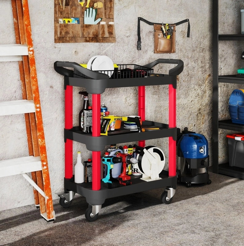 Carrello portautensili a 3 ripiani con ruote e freni, nero