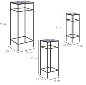 Set di 3 Supporti per Piante in Metallo con Piano a Mosaico Blu e Bianco, Altezza 71 cm, per Interni e Esterni