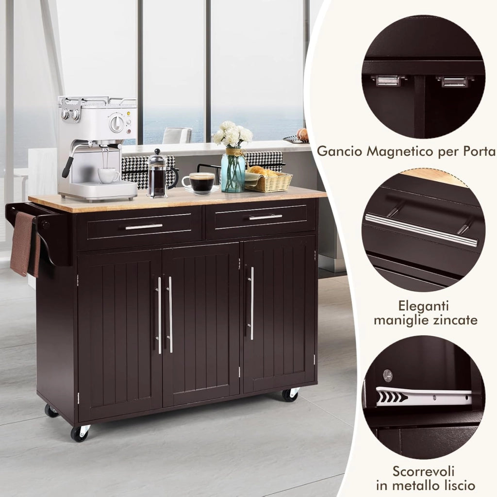 Carrello da Cucina, Carrello di Servizio con Ruote e Maniglia, 3 Ante e 2 Cassetti, Ideale per Cucina Ristorante Bar, 122x46x92,3 cm (Marrone)