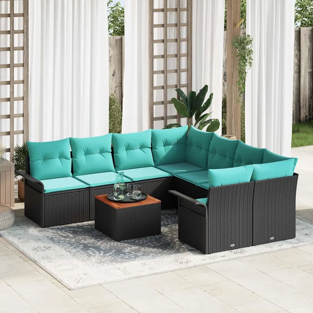 Set Divano da Giardino 9 pcs Nero e Turchese polyrattan 3355981