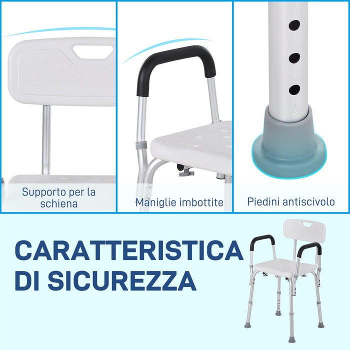 Sedia per Doccia 51,5x51,5x71-84 cm Altezza Regolabile e Piedini Antiscivolo in Alluminio Bianco