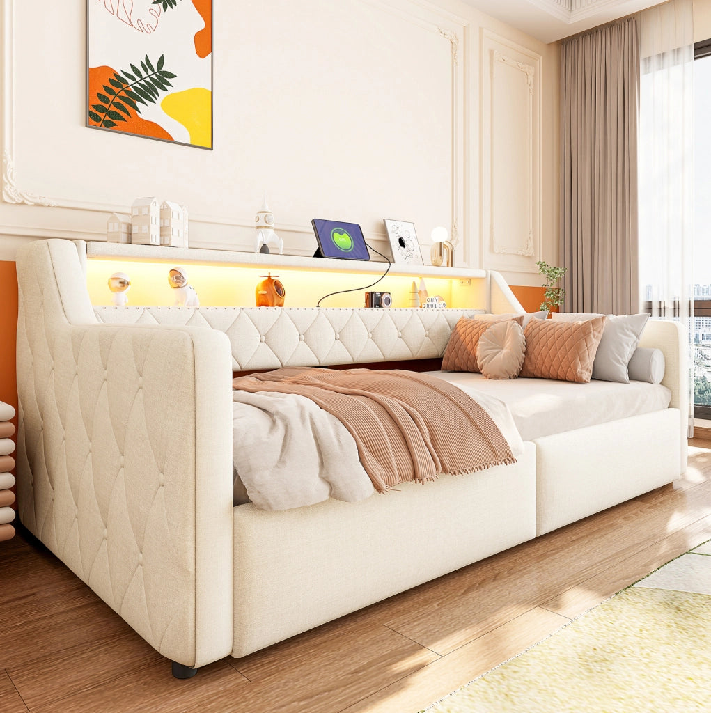LETTO 90x200 cm con LED e contenitore idraulico, lino beige, USB e Tipo C