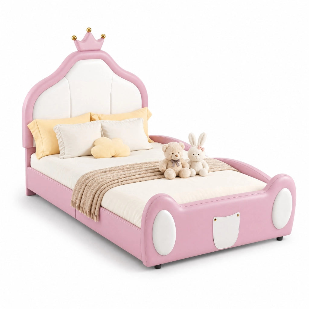 Letto imbottito per bambini 90x200 cm con testiera a corona; bianco e rosa