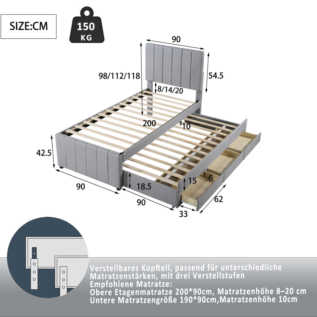 DESMIU Letto singolo 90 × 200 cm con letto estraibile, 3 cassetti, testiera regolabile e senza materasso, grigio