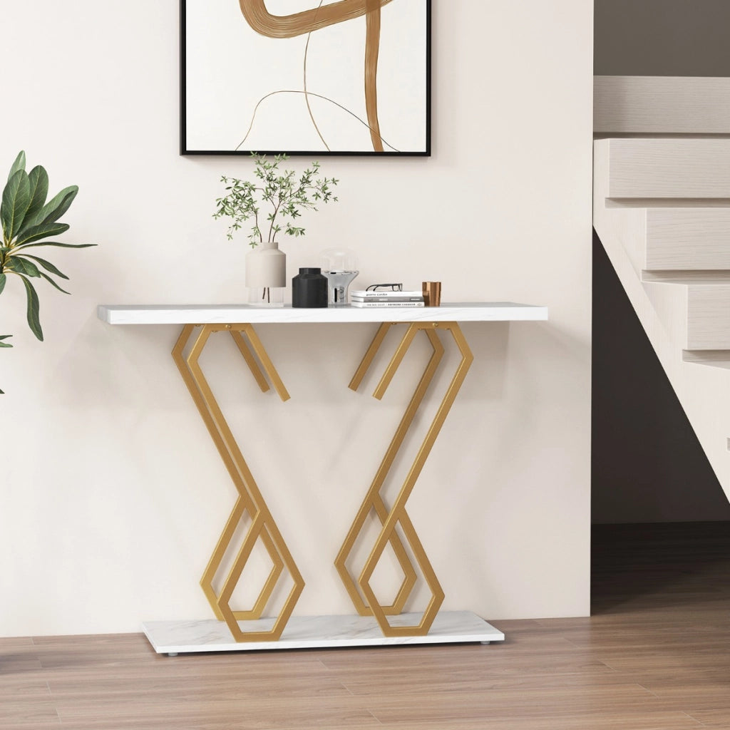 Tavolo consolle effetto marmo con piedini regolabili struttura in metallo, Tavolo d'ingresso 100x30x79cm Bianco-Consolle