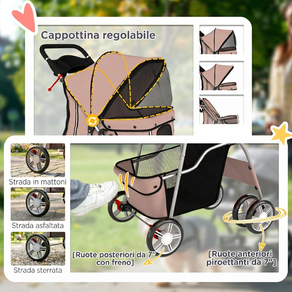 Passeggino per Cani Pieghevole con Catarifrangenti. Ruote Girevoli. Freni e Cuscino Lavabile. Caff¨¨