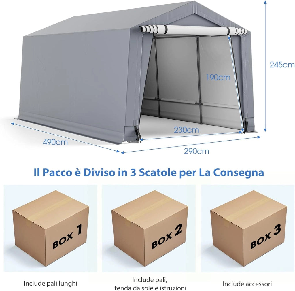 Tendone Garage 2,9 x 4,9 m, Telaio in Acciaio Zincato, Travi Triangolari Rinforzate, per Auto, Moto, Biciclette, Carico e Evento all'aperto, Grigio