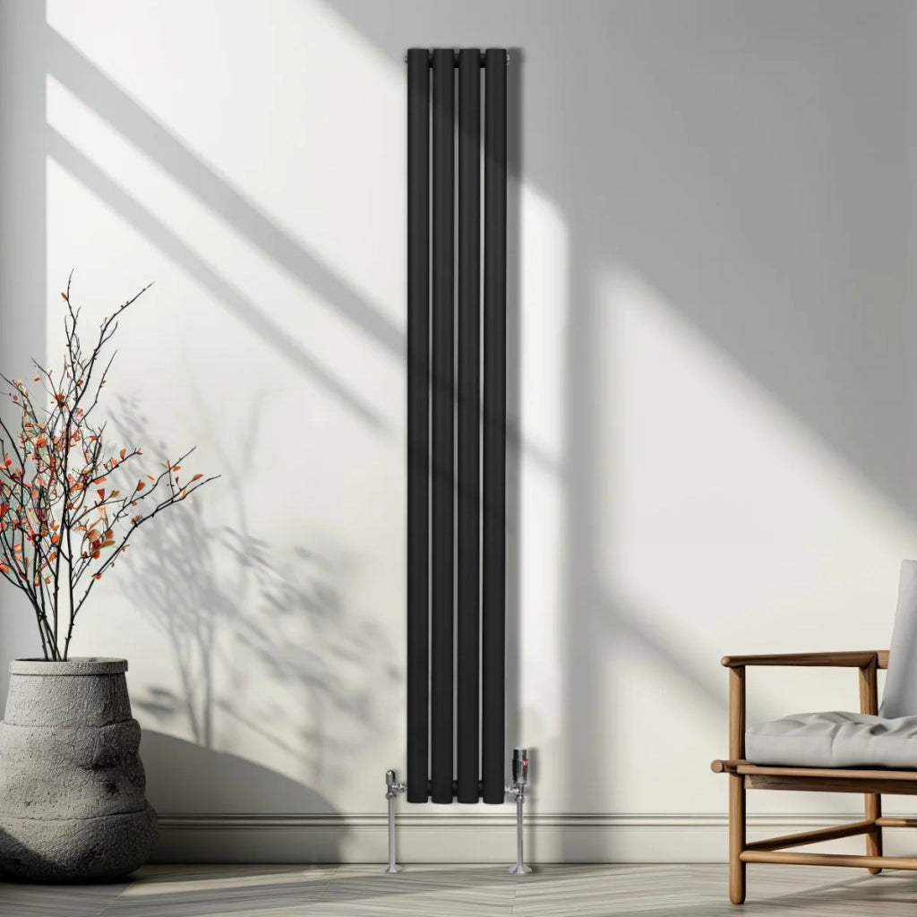 Radiatore a colonna ovale e valvole cromate TRV Designer nero 1800mm x 240mm