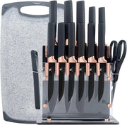 Set di taglieri da cucina in acciaio nero con piatto da taglio, set di 15 coltelli da cucina professionale affilati con schiaccia patate e forbici, set di coltelli da tavola con coltelli da steak come regalo