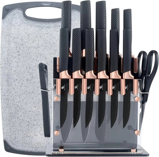 Set di taglieri da cucina in acciaio nero con piatto da taglio, set di 15 coltelli da cucina professionale affilati con schiaccia patate e forbici, set di coltelli da tavola con coltelli da steak come regalo
