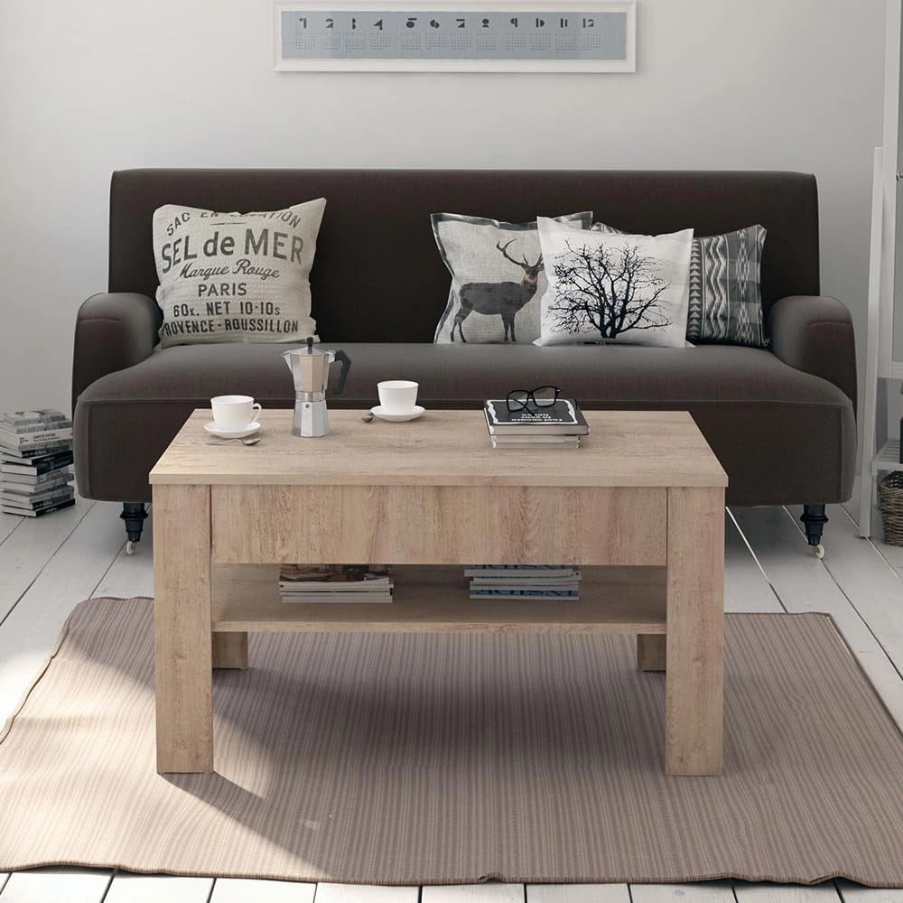Tavolino Milan, Sonoma, 92.2 x 65 cm, con vano portaoggetti per riporre riviste e telecomandi