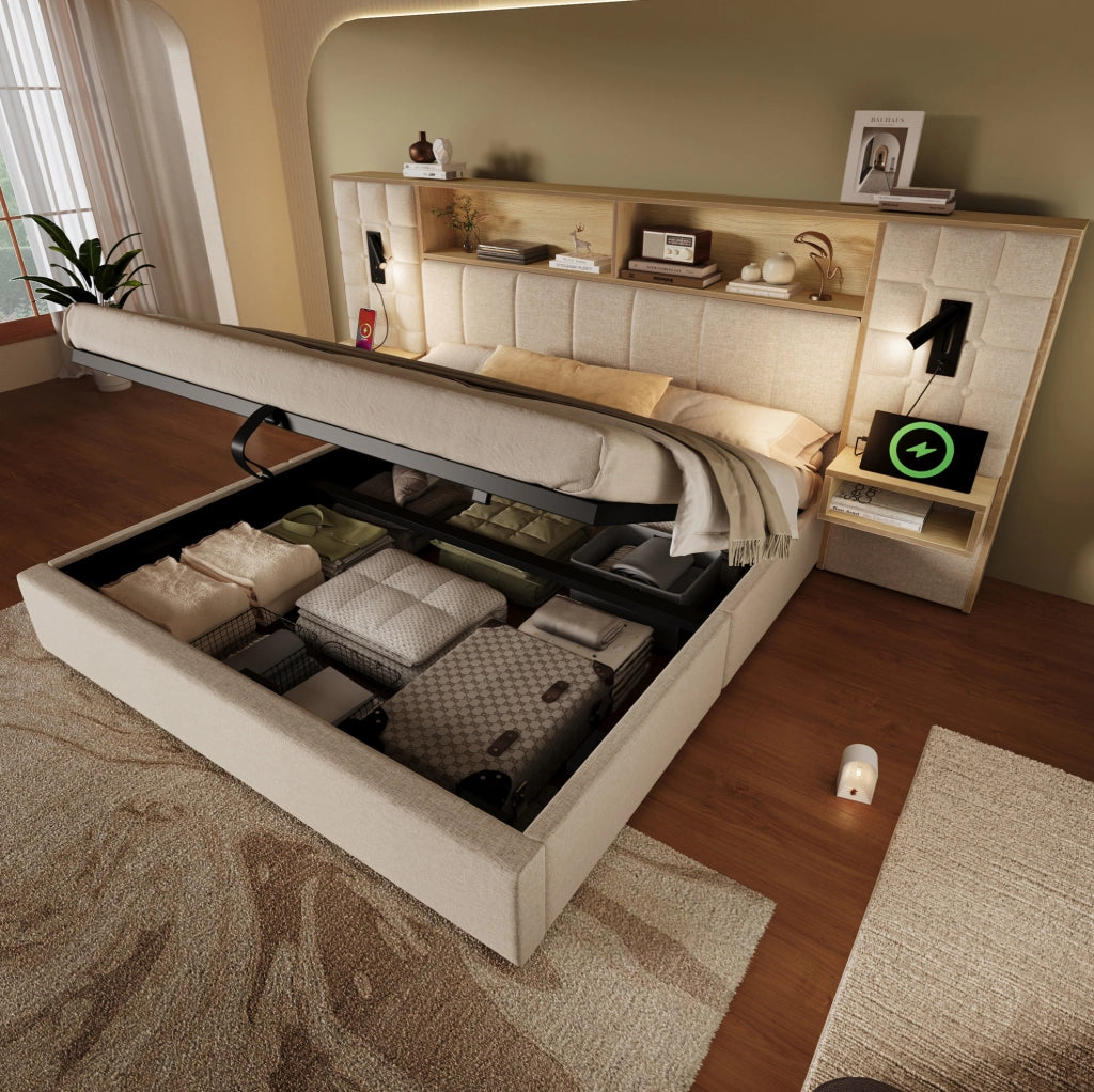 Letto matrimoniale 180x200 cm con contenitore; testiera con luci di lettura e prese USB Tipo C; beige