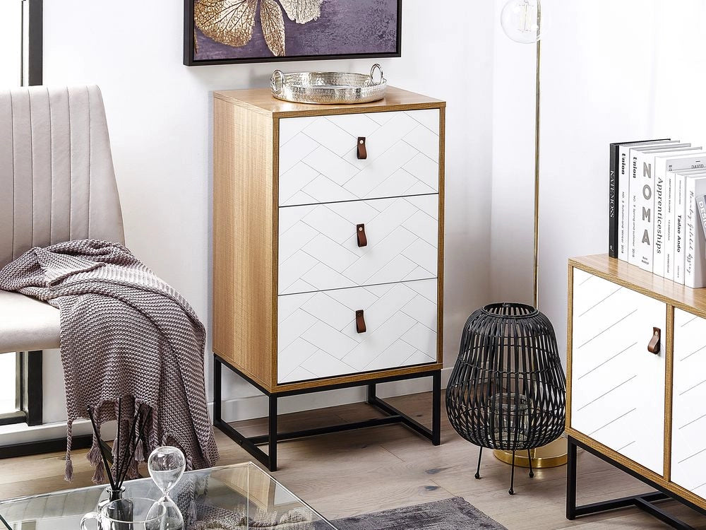 Cassettiera in legno chiaro con gambe in metallo bianco cassettiera 91 x 49 cm mobili da soggiorno tradizionali moderni