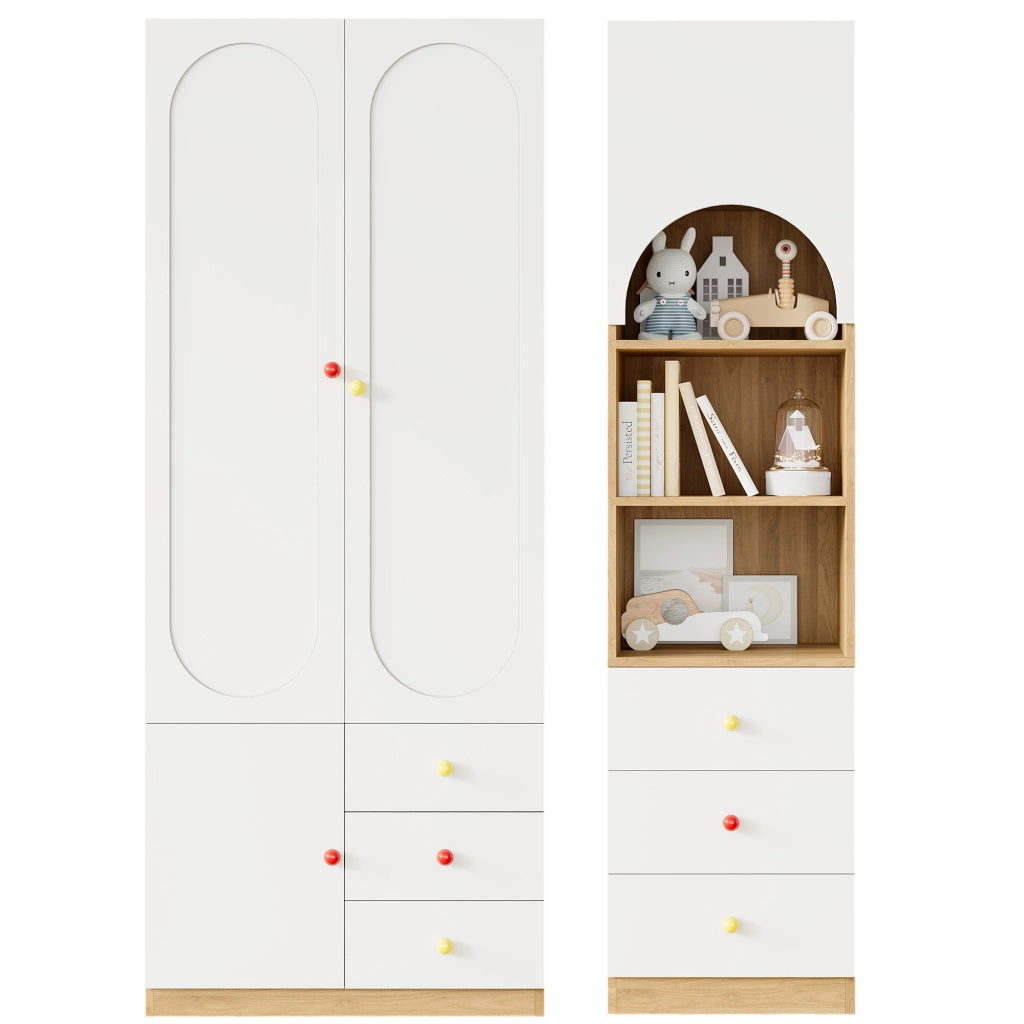 Set armadio e scaffale con ante e cassetti in MDF bianco e naturale