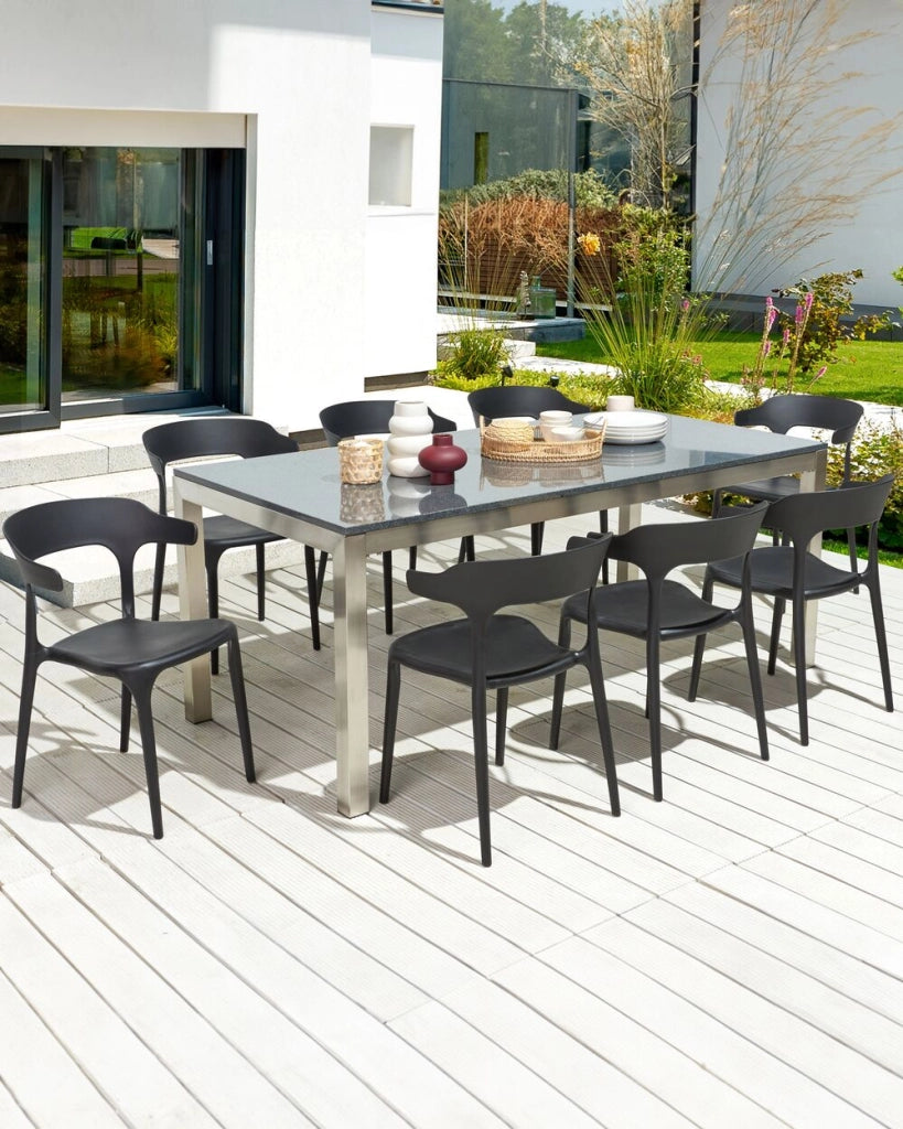 Set di 8 sedie in plastica nera resistente moderne per interno ed esterno stile moderno contemporaneo