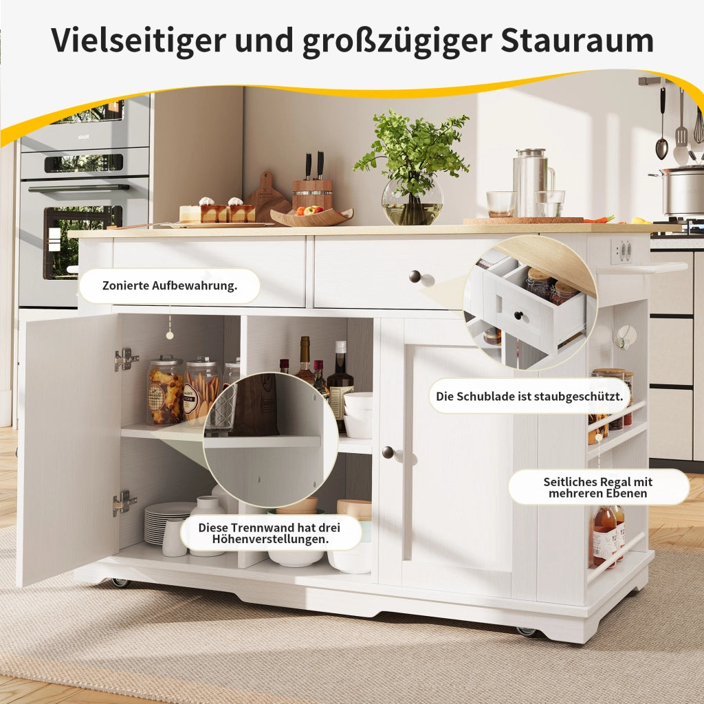 OKWISH Carrello da cucina con 2 cassetti e 6 vani, piano ribaltabile, prese e portaasciugamani, MDF, 151.5 x 59.7 x 91.7 cm, Bianco e Naturale
