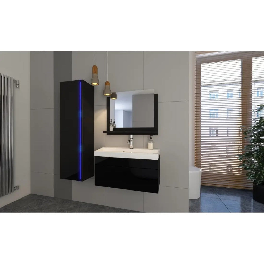 Set di mobili da bagno neri, collezione BIRD. Colonna, mobile sottolavabo, lavabo 60cm.