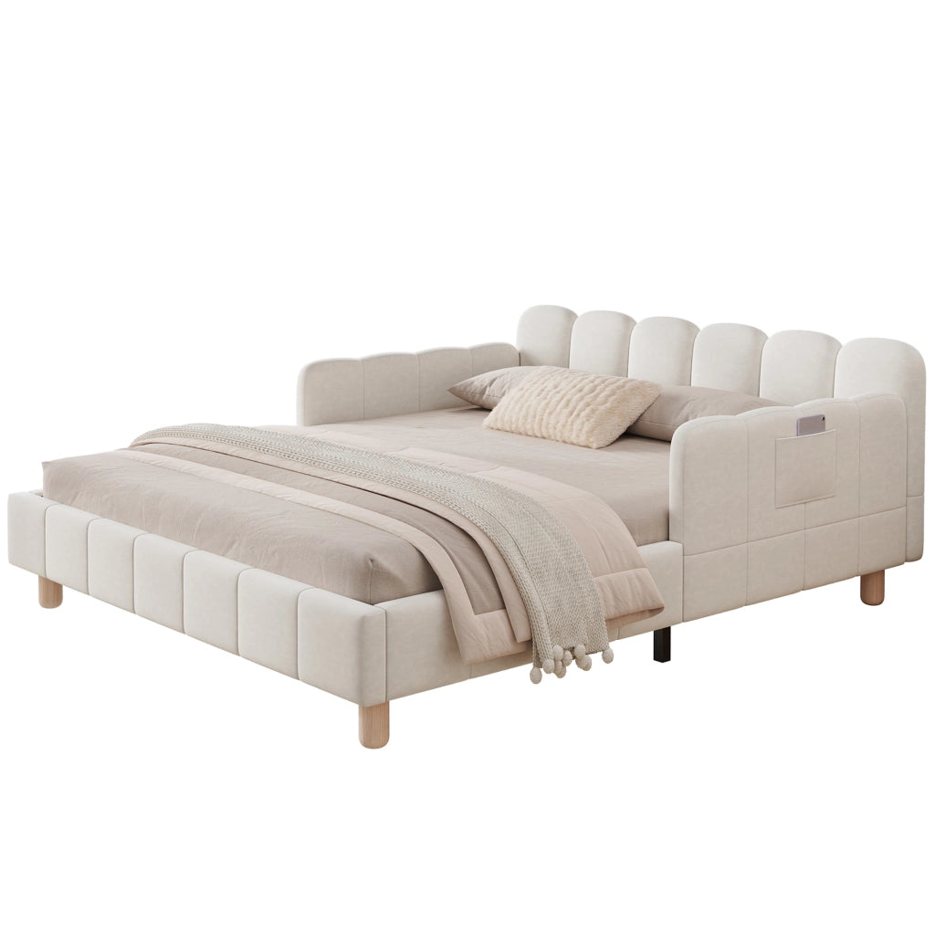 Letto imbottito per bambini con testiera ergonomica e tasche laterali in velluto beige