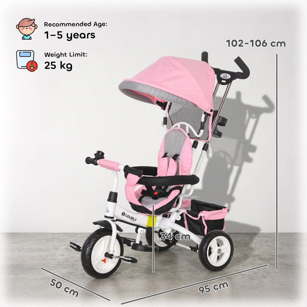 Triciclo 6 in 1 per Bambini ¨C Xylo ¨C con Maniglione, Tettuccio Regolabile e Cintura di Sicurezza, Rosa, 1-5 Anni