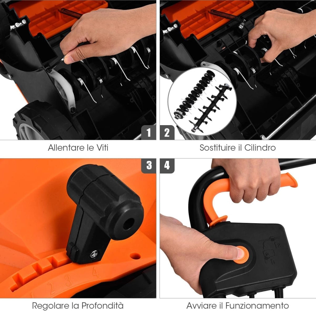 Scarificatore 2 In-1 per Prato, Arieggiatore Elettrico con Sacco Raccoglitore da 30L, Larghezza 32cm, con 3 Posizioni Regolabili, Scarificatore 1500W per Giardino Cortile (32 cm, Arancione)
