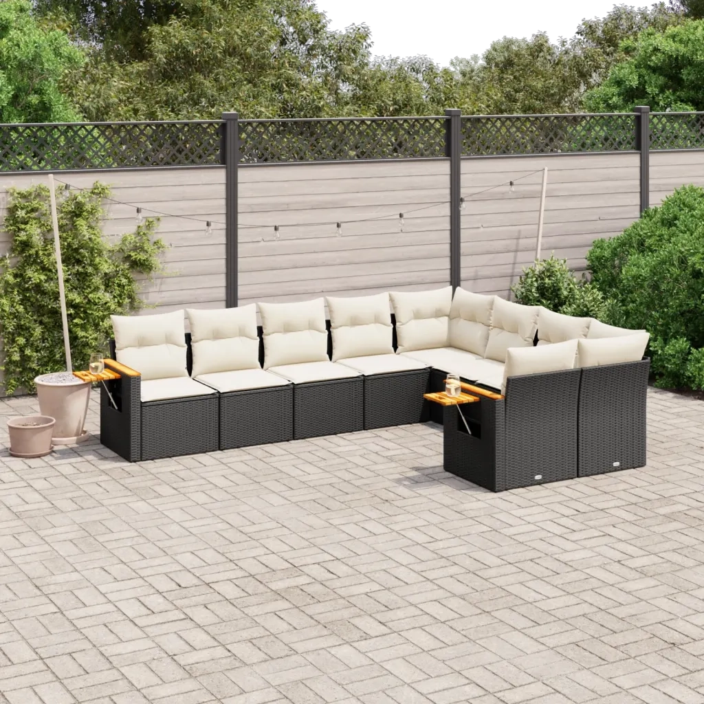 Set Divani da Giardino 9 pz con Cuscini Nero in Polyrattan