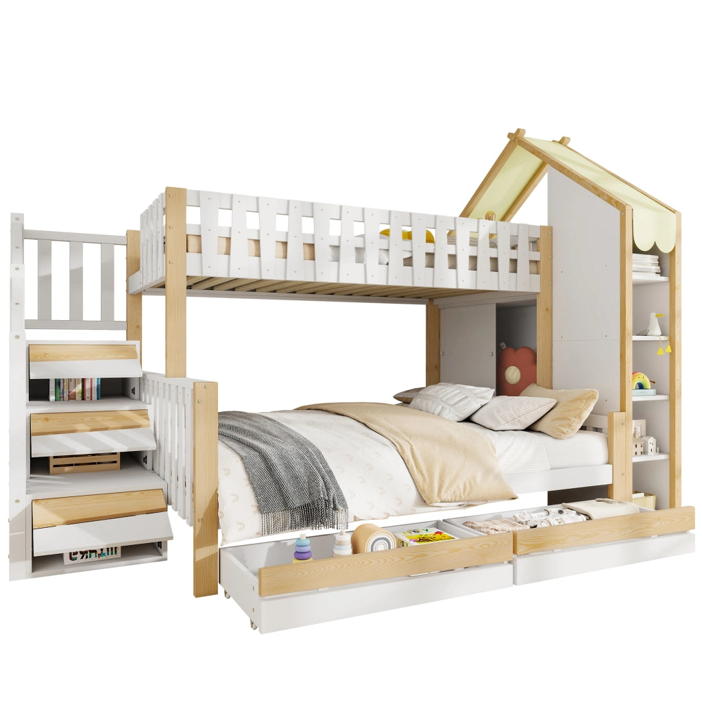 OKWISH Letto a Castello 90×200 cm e 140×200 cm, Letto 3 Posti con Scala Contenitore, 4 Cassetti e Sponde, senza Materasso, Bianco Naturale