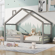 Letto a casa in legno massello grigio con protezione anticasco e reti a doghe 90x200 cm