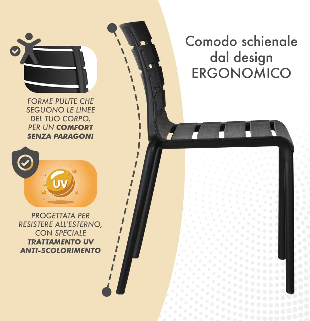 Set 4 Sedie In Polipropilene e Fibra Di Vetro Sedia Cucina Trattamento Uv Antiscolorimento Giardino Interno Esterno Moderne Robuste Resistenti Seduta Terrazzo Soggiorno Bar Ristorante Impilabili Nina-Nero