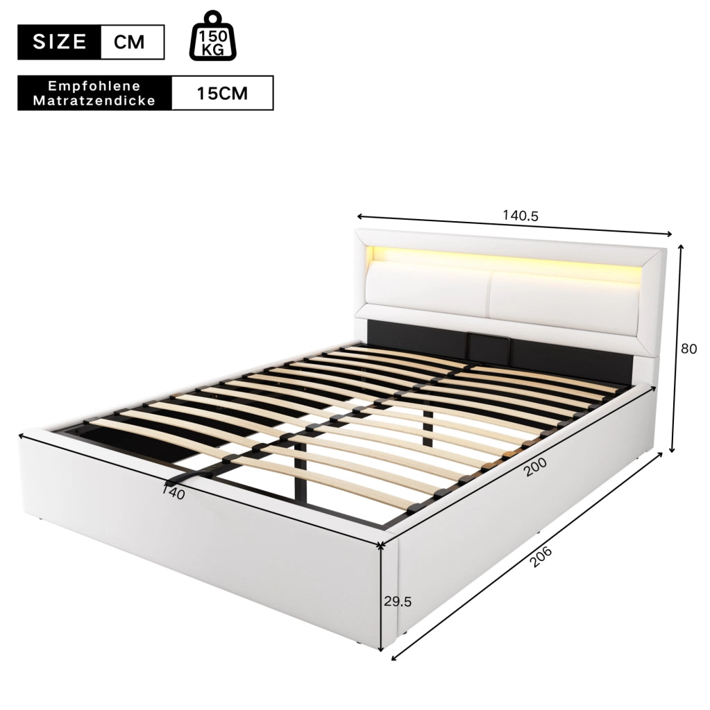 Letto imbottito 140x200 cm con contenitore e LED in PU bianco