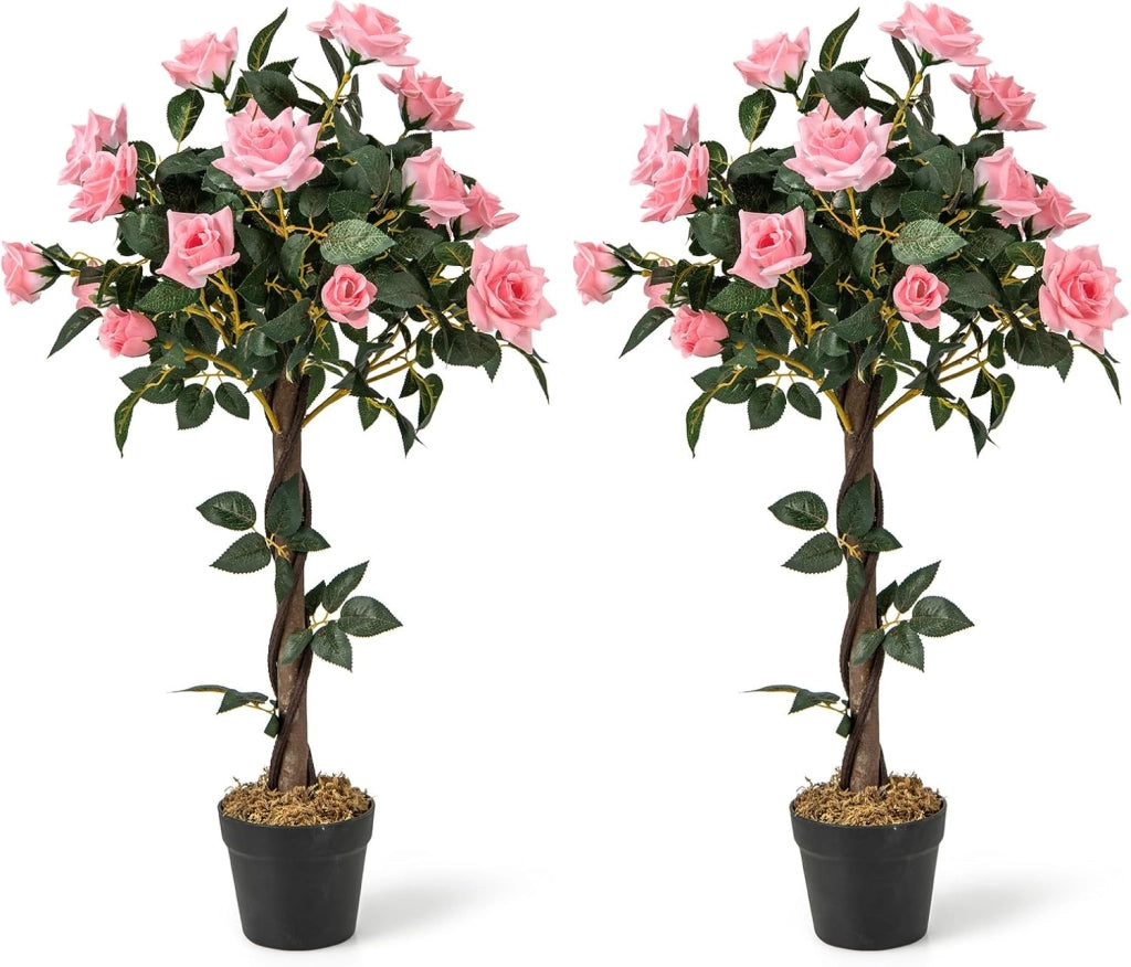 Pianta di vaso con rose artificiali, albero di fiori realistico, con tronco di legno e vaso di cemento, senza manutenzione, per la decorazione della casa e dell'ufficio