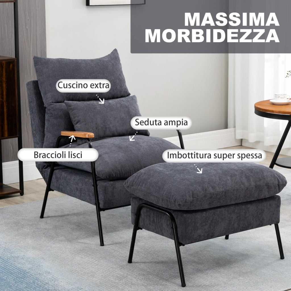 Poltrona Relax Reclinabile con Pouf Poggiapiedi in Velluto a Costine Grigio