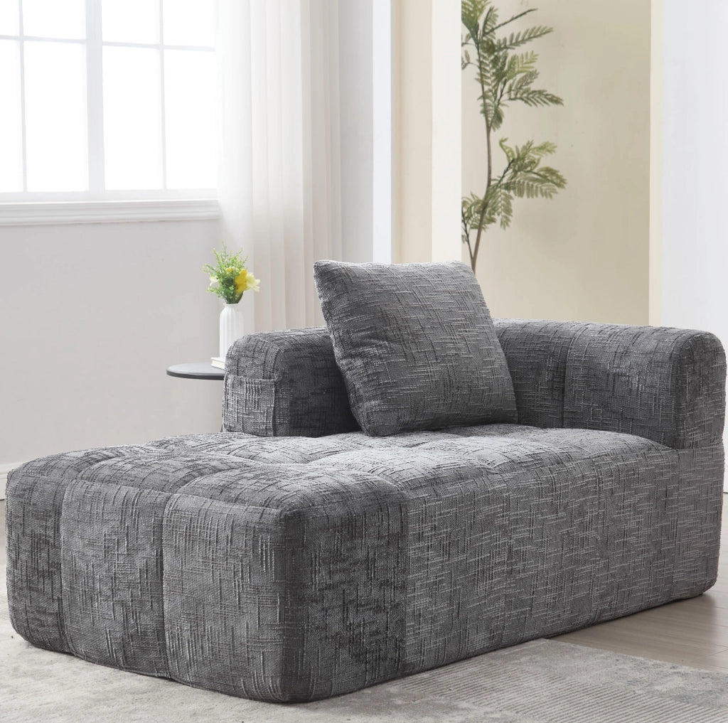 Divano Chaise Lounge in Chenille Grigio con Tasche Laterali e Cuscino, 158x90x60 cm